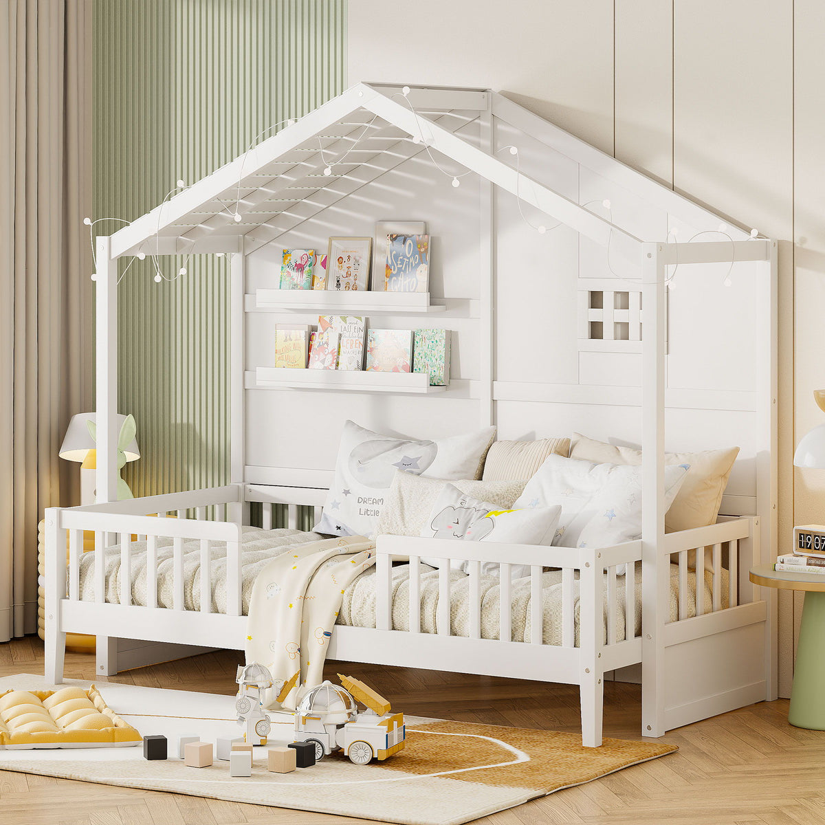 House Bed With Shelves, Window And Sparkling Light Strip On The Roof