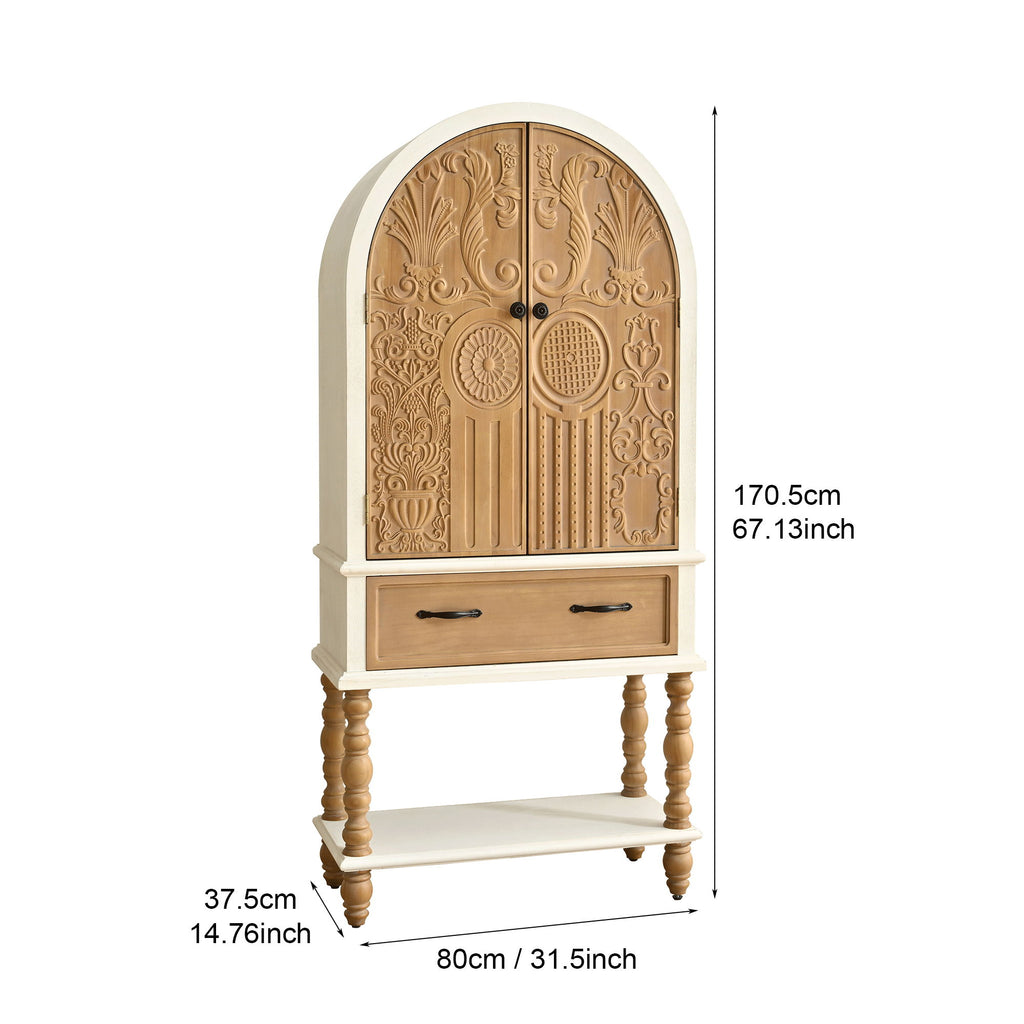 Arched Flower Carved Door Accent Sideboard Cabinet With 1 Drawer And Shelf, Cabinet For Kitchen - Natural / White