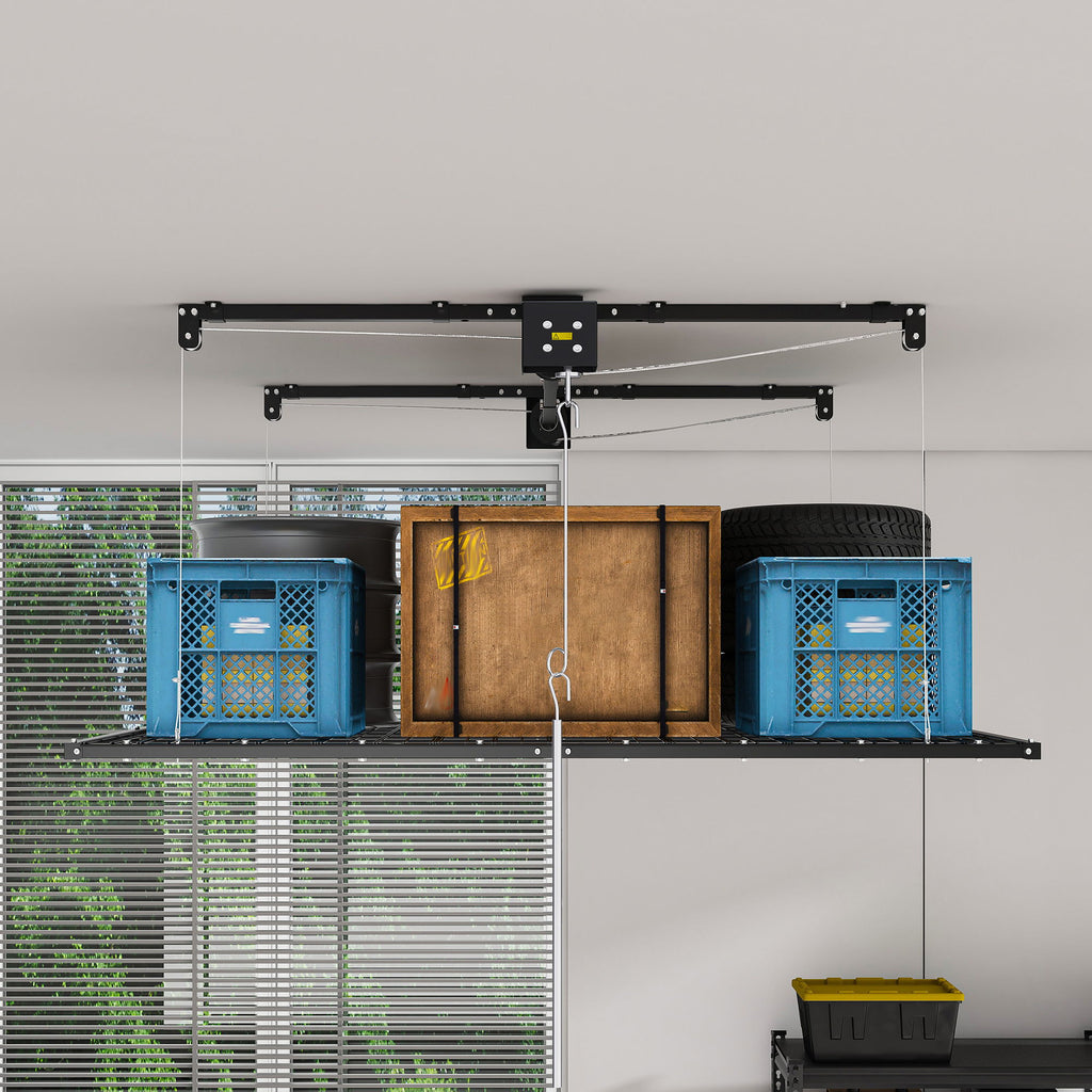 Overhead Garage Storage Rack For High Ceilings, Construction With Safety Lock - Black