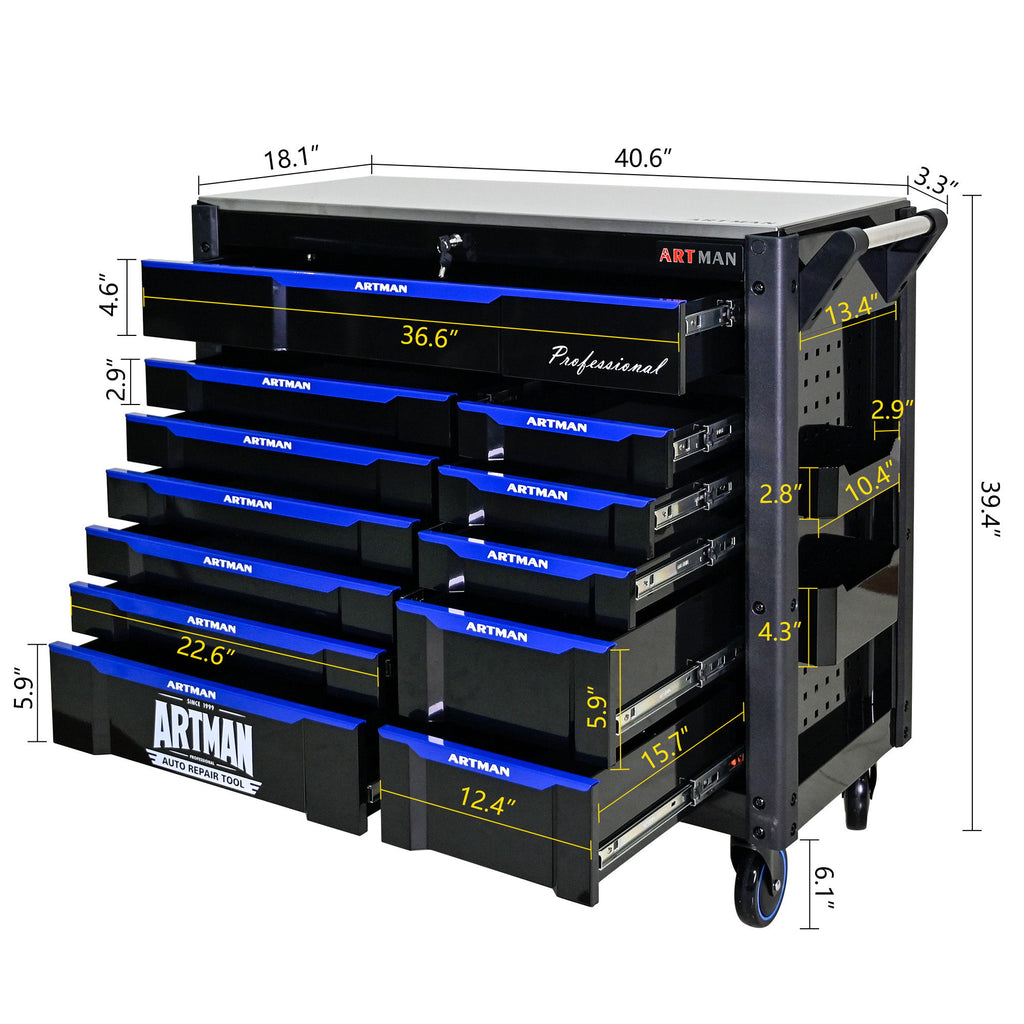12 Layer Drawer Multi Purpose Tool Cart With Wheels And Iron Top - Black / Blue