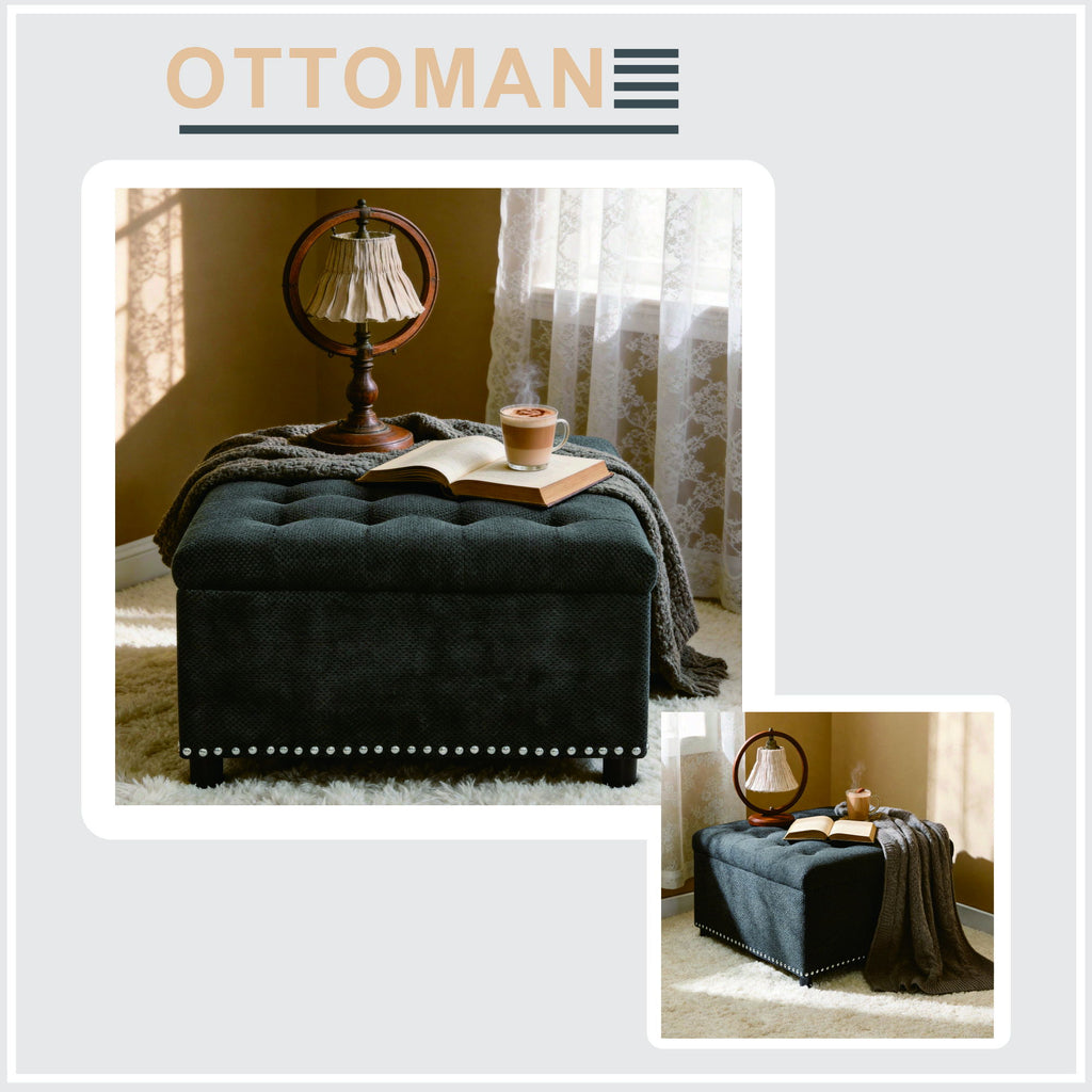 Square Tufted Storage Ottoman With Nailhead Trim