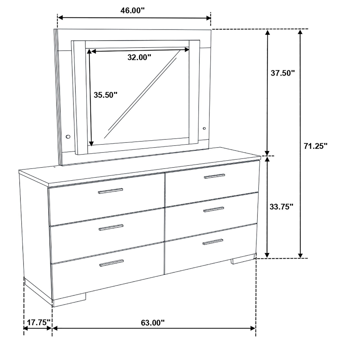 Dulcey - 6 Drawer Dresser With LED Mirror - Gloss White