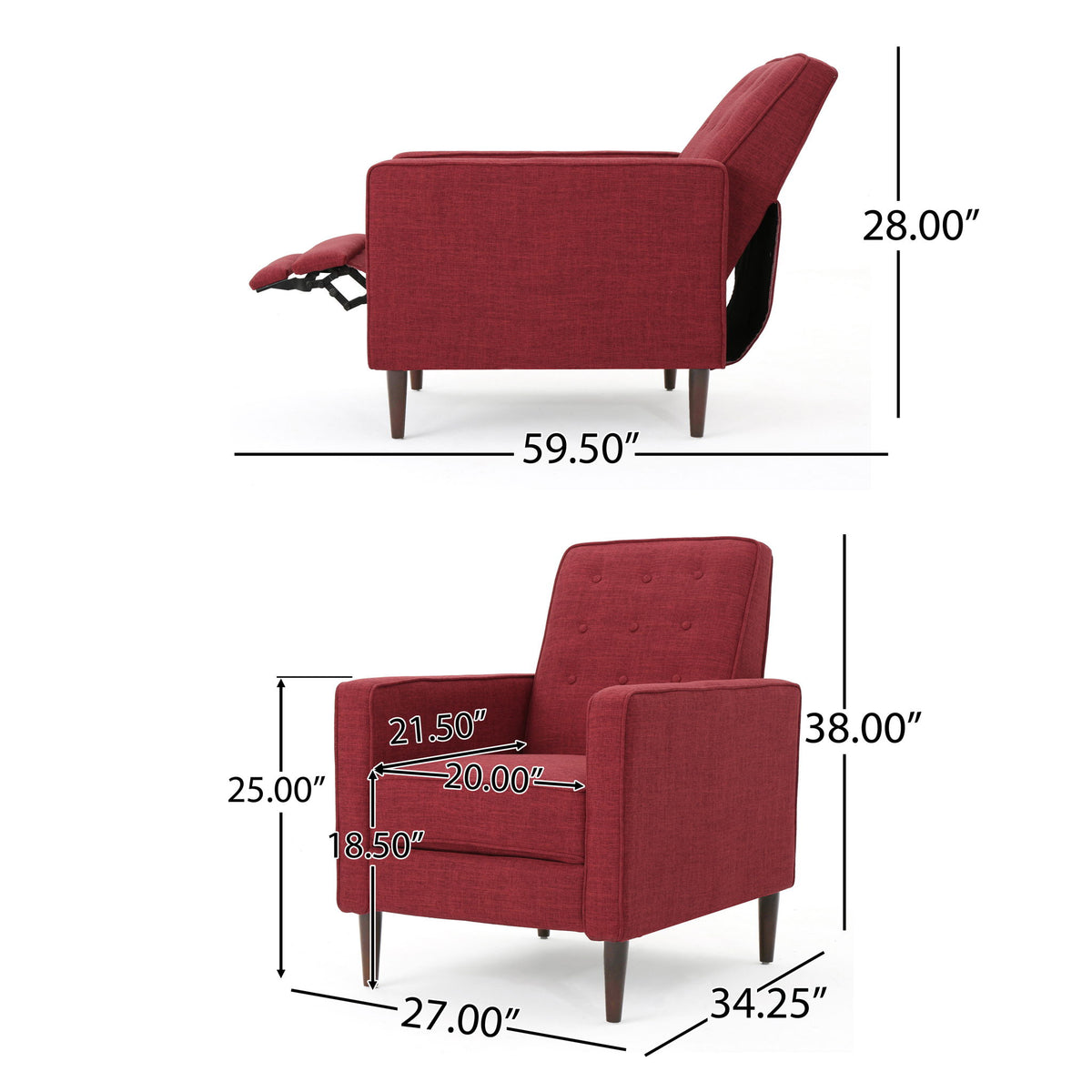 Mid-Century Modern Recliner With Button Tufted Waffle Stitch