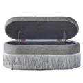Oval Upholstered Storage Ottoman With Fringe Trim & Lift Top Lid