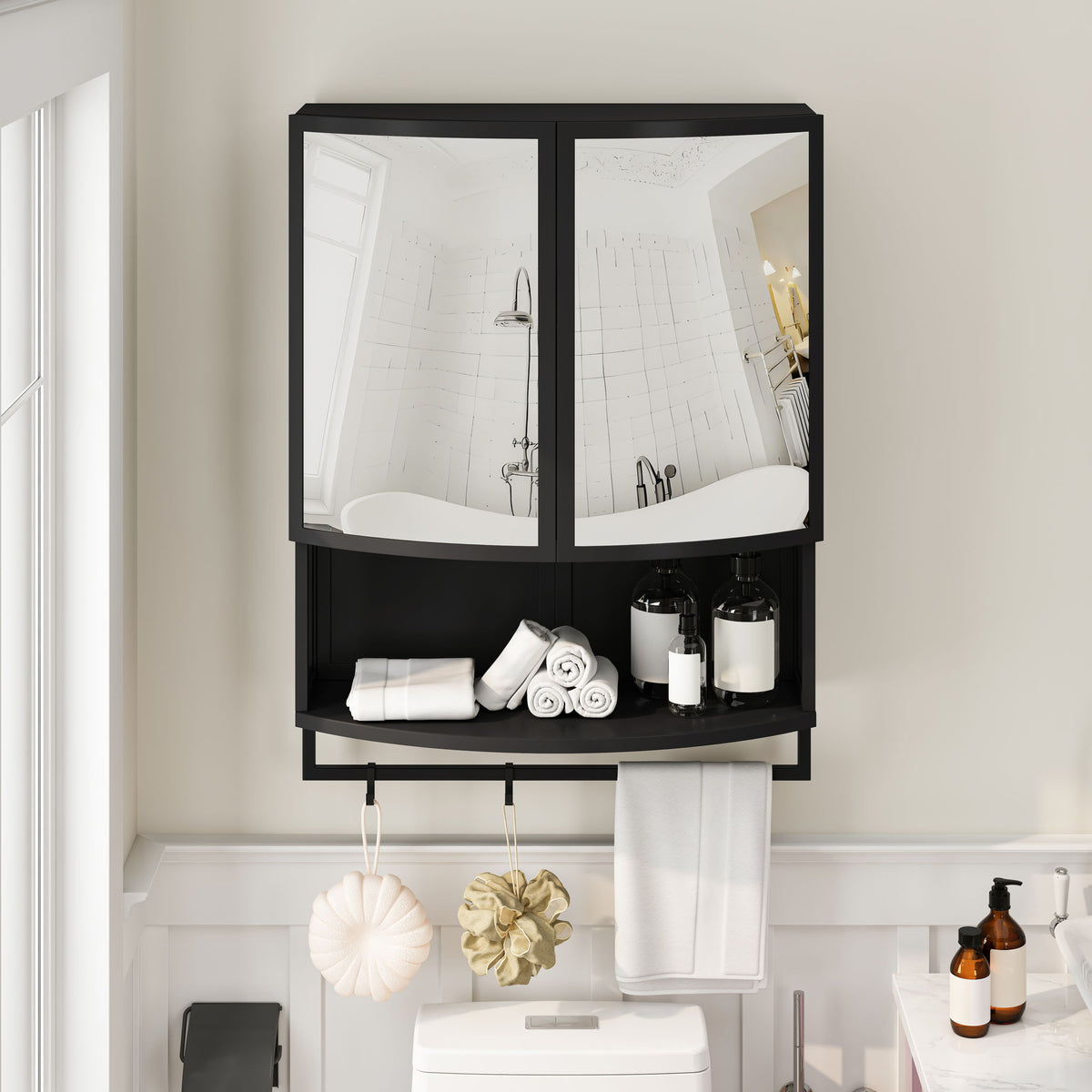Arched Glass Double Door Wardrobe With Shatterproof Mirror, Open Shelf & Towel Rack