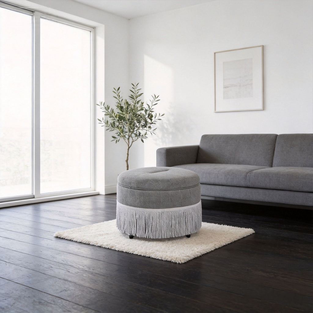 Round Storage Ottoman With Tassel, Decorative Accent Pouf For Living Room