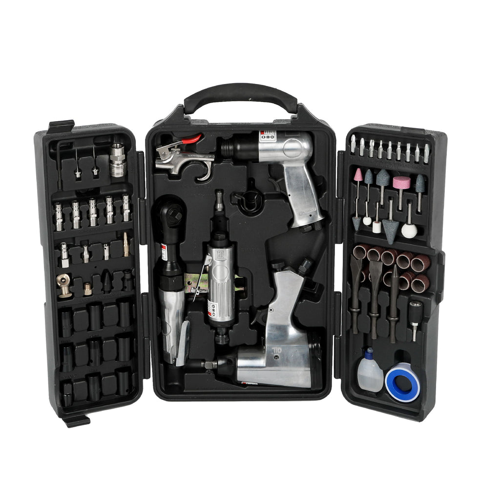 71 Piece Air Tool And Accessories Kit, Impact Wrench, Air Ratchet, Die Grinder, Aire Hammer, Hose Fittings, Storage Case - Black / Silver