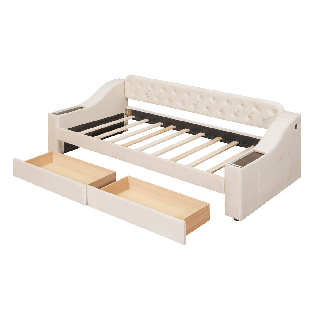 Upholstered Daybed With Storage Armrests And USB Port