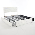 Upholstered Bed Frame With LED Lights, 4 Storage Drawers, Charging Station