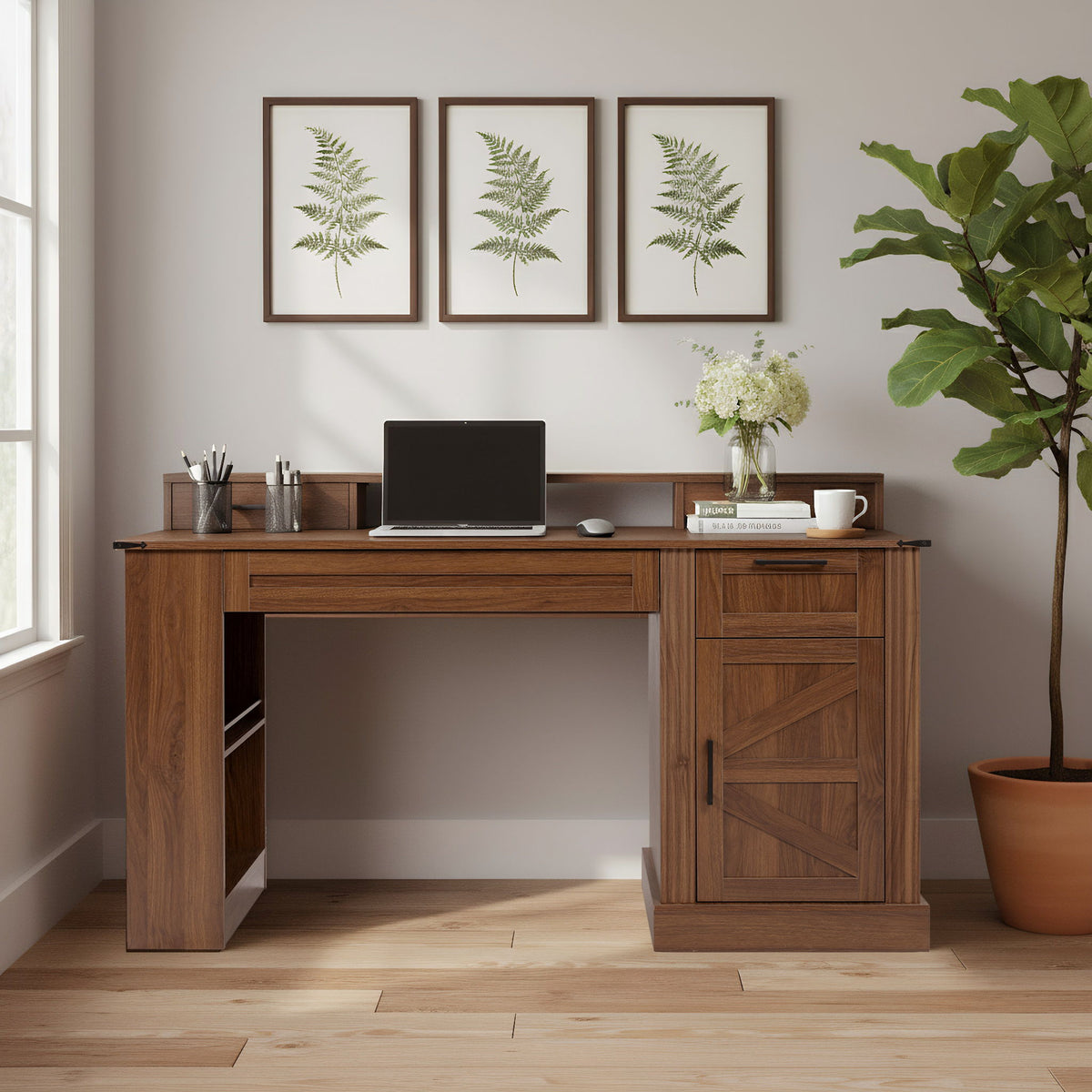 Office Desk With Storage Cabinet, Charging Station, Monitor Stand & Pegboard