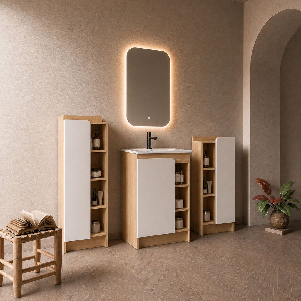 24" Bathroom Vanity With Sink & Tall And Low Side Cabinets, Vanity Set With Thin Edge Sink & Interchangeable Door Panels, 3 Piece Bathroom Storage Set - Black / Light Oak / White