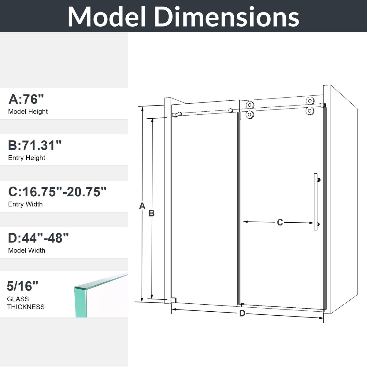 Frameless Single Sliding Shower Door With Clear Tempered Glass
