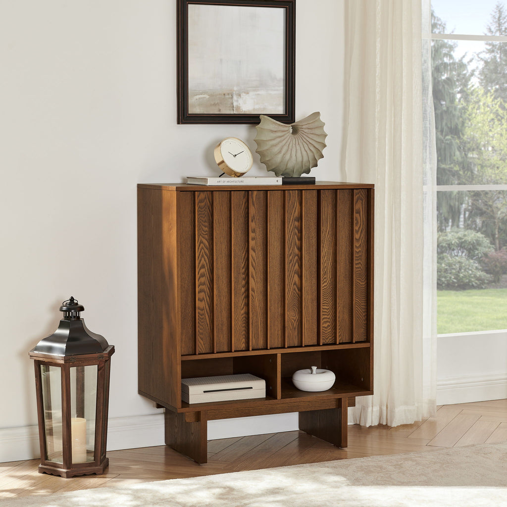 Sideboard Buffet Cabinet With Grille Slat Design With 3 Doors And Adjustable Shelves