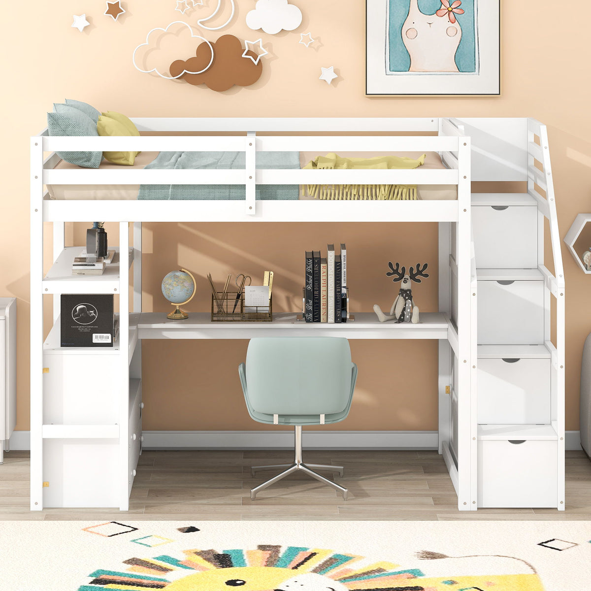 Loft Bed With Desk, Shelves, 2 Drawers, Storage Staircase