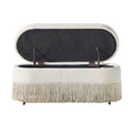 Oval Upholstered Storage Ottoman With Fringe Trim & Lift Top Lid