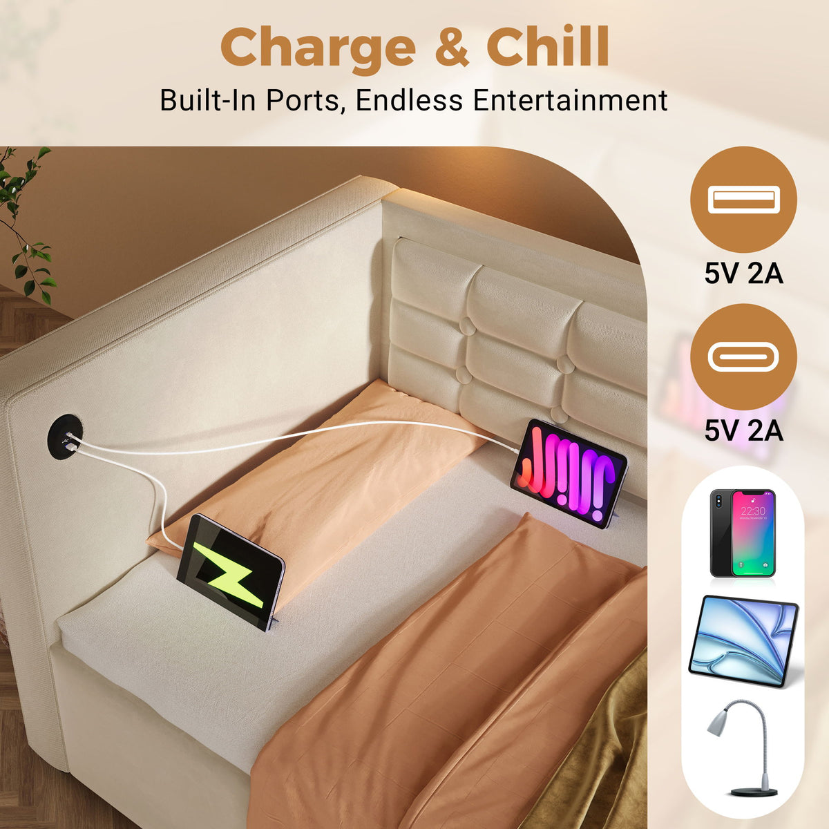 Twin Size Upholstered Hydraulic Storage Daybed With USB & Type C Charging - Beige
