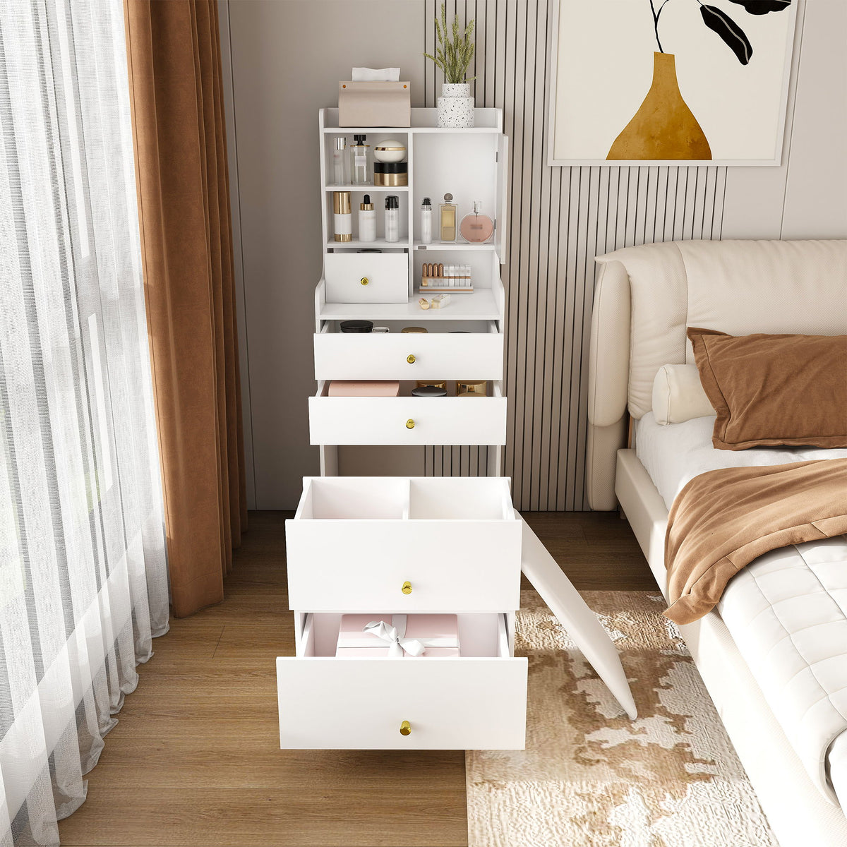 3 In 1 Dressing Table With LED Mirror & Storage Stool, Compact Makeup Vanity - White
