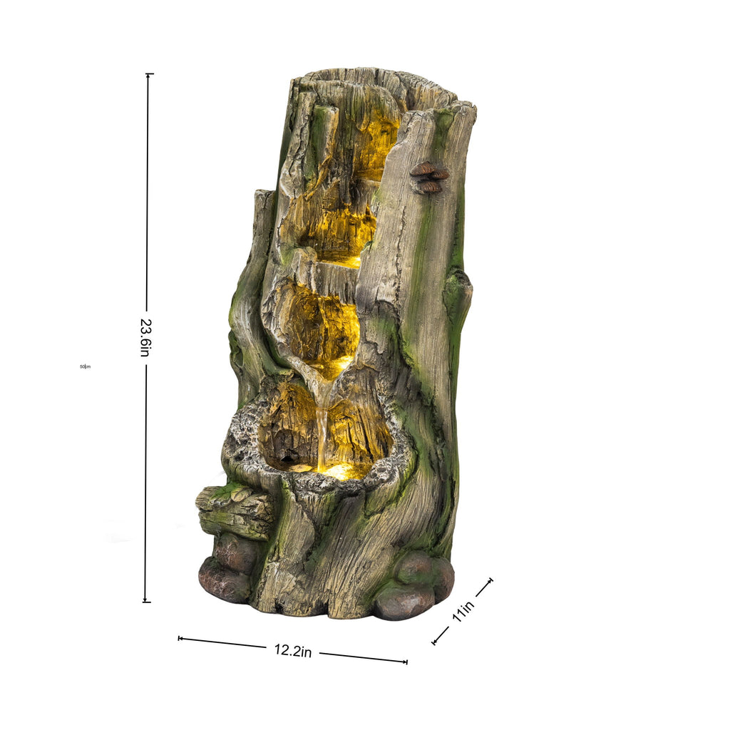 Outdoor Water Fountain, Tree Stump Cascading Fountain With Warm LED Lights - Earthy Yellow