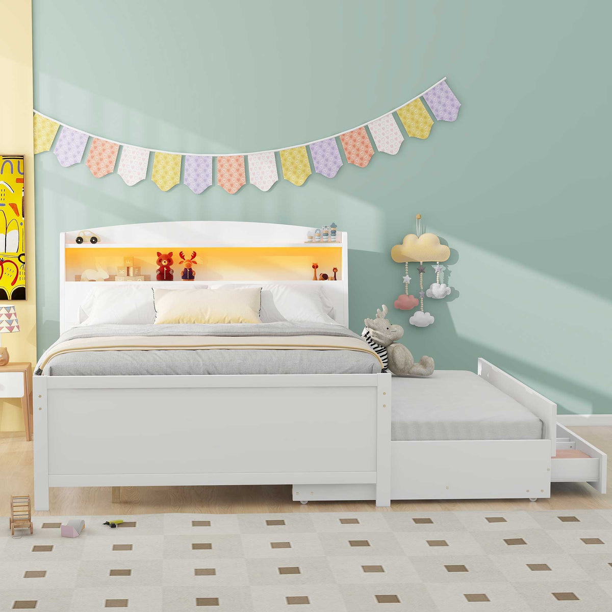 Full Size Platform Bed With Storage LED Headboard, Twin Trundle And 3 Drawers - White