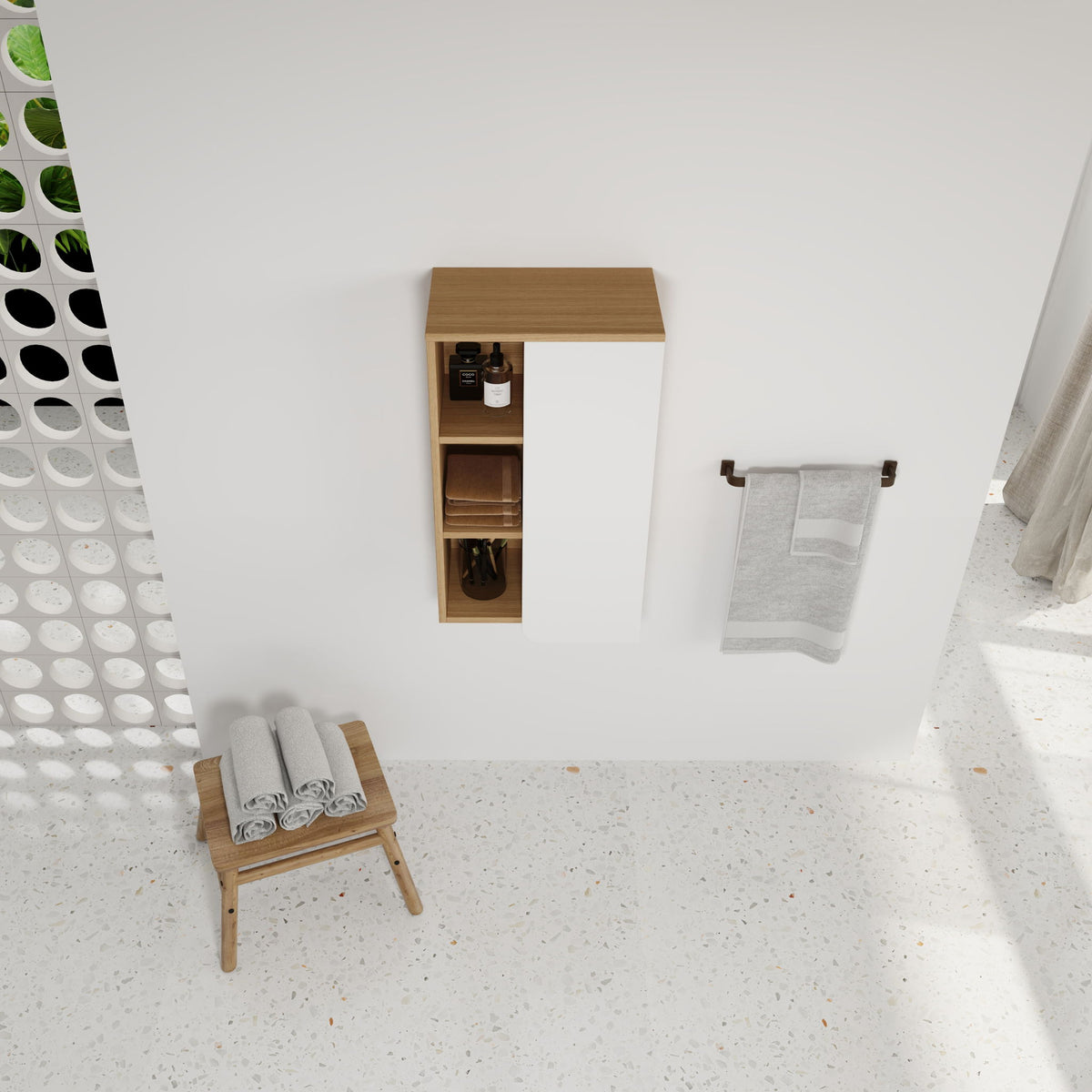 Wall Mounted Bathroom Side Cabinet, Single Door With 3 Tier Open Shelves - Black / Light Oak / White