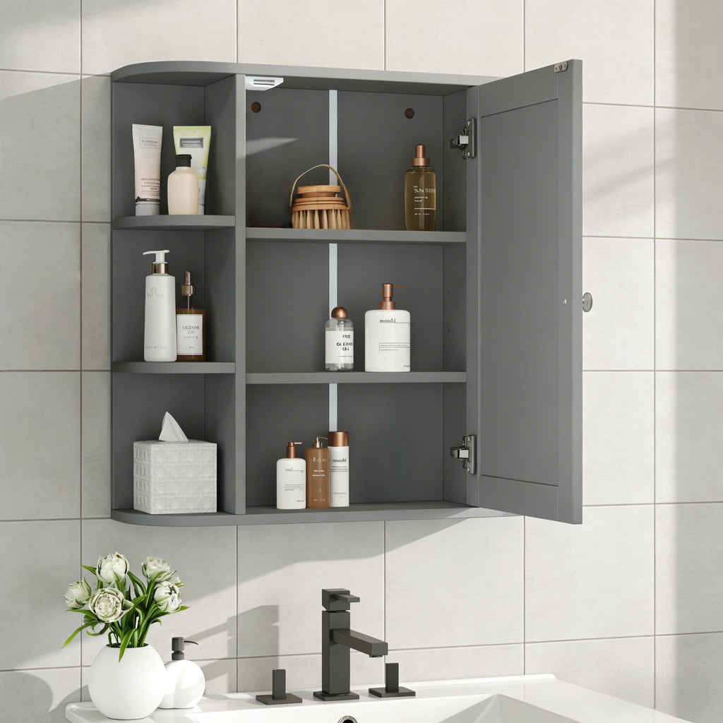 Bathroom Wall Storage Cabinet With Mirror And Adjustable Shelf, 6 Open Shelves
