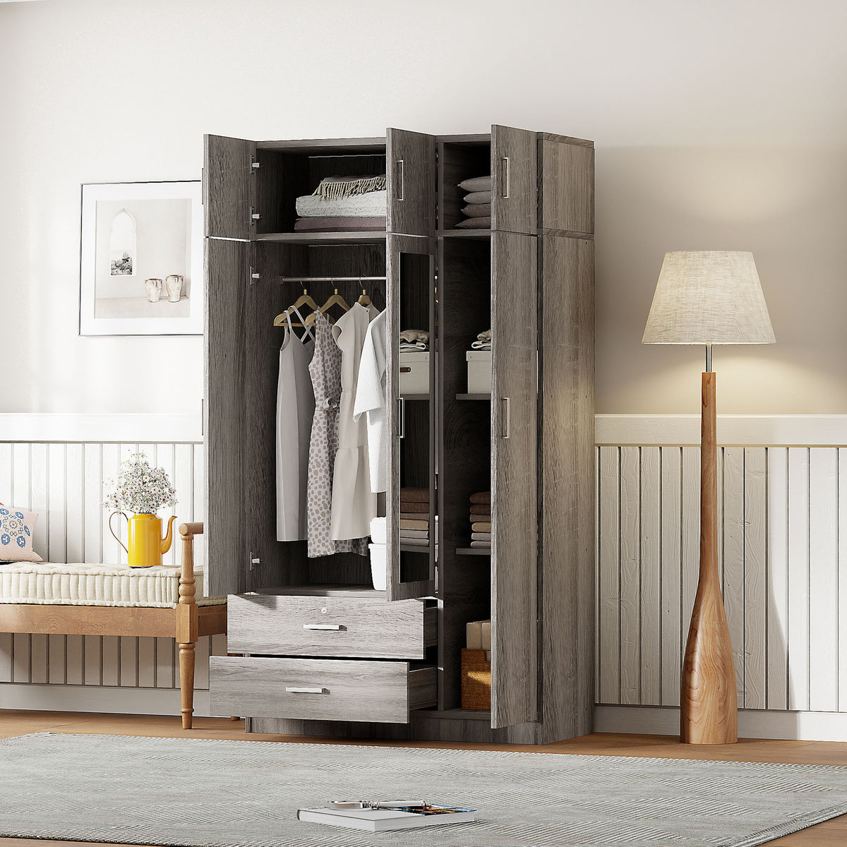 Modern 3 Door Mirror Wardrobe With 2 Drawers And Top Cabinet