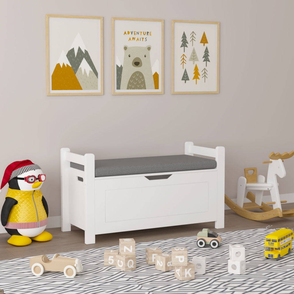 Kids Toy Box Chest Storage Cabinet With Cushion Seat Bench Flip Top Lid Safety Hinge - White