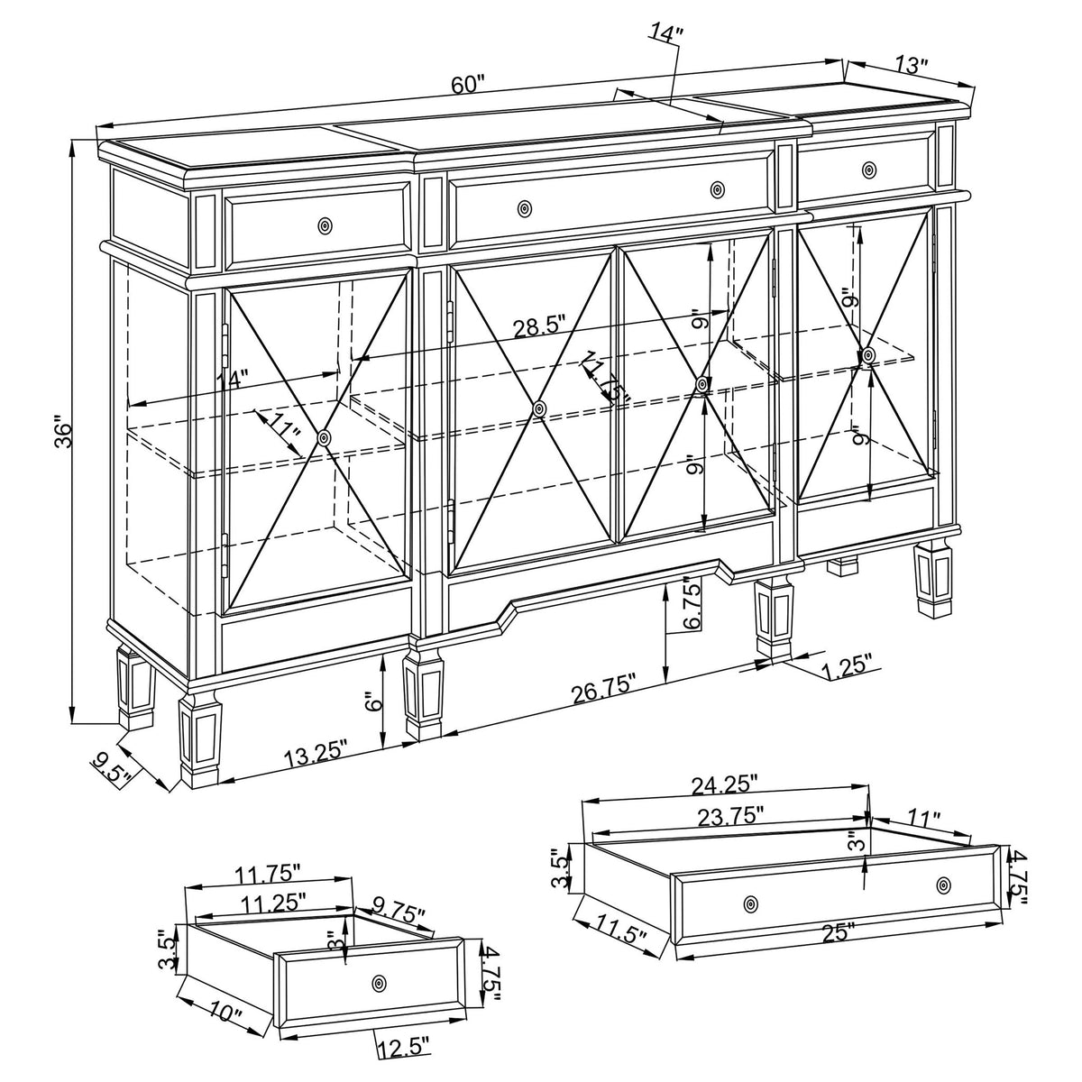Battista - Mirrored 3 Drawer Wine Cabinet - Silver