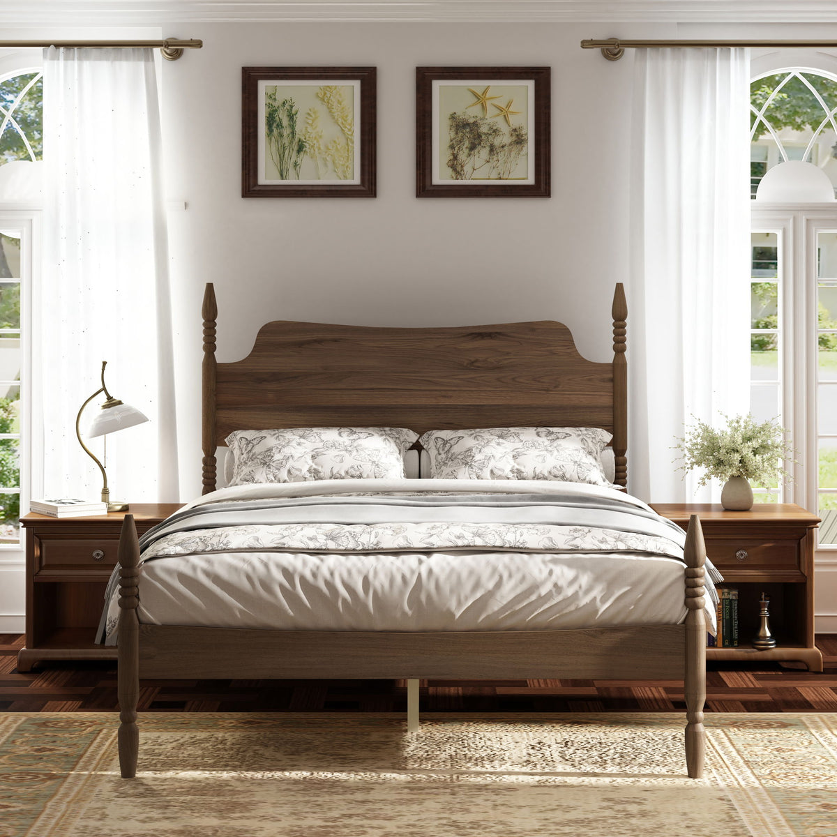 Retro 4 Poster Platform Bed Frame With Curved Tall Headboard