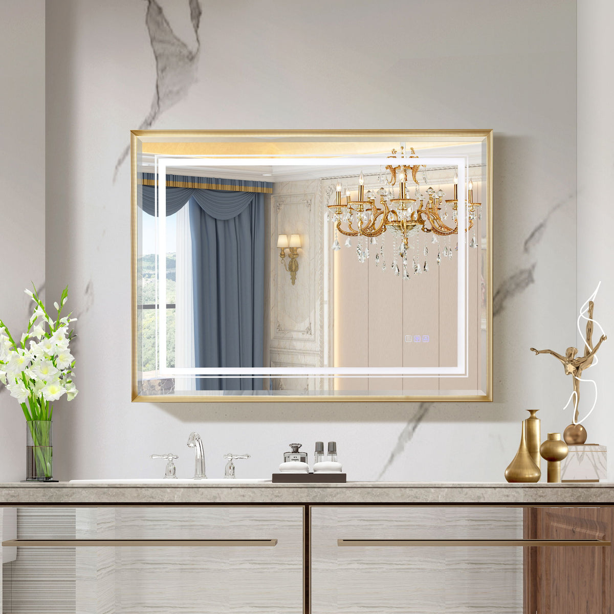 LED Bathroom Beveled Mirror, 3000 - 6000K Gradient Front And Backlit LED Mirror For Bathroom, 3 Colors Dimmable, Ip54 Enhanced Anti Fog