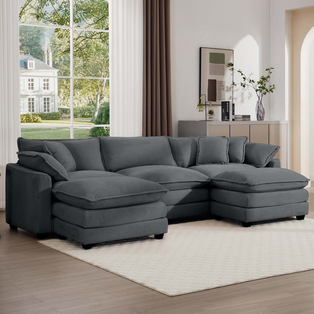 Modular Oversized Cushion Sofa With Ottoman, Low Back, Deep Seating Sofa Set