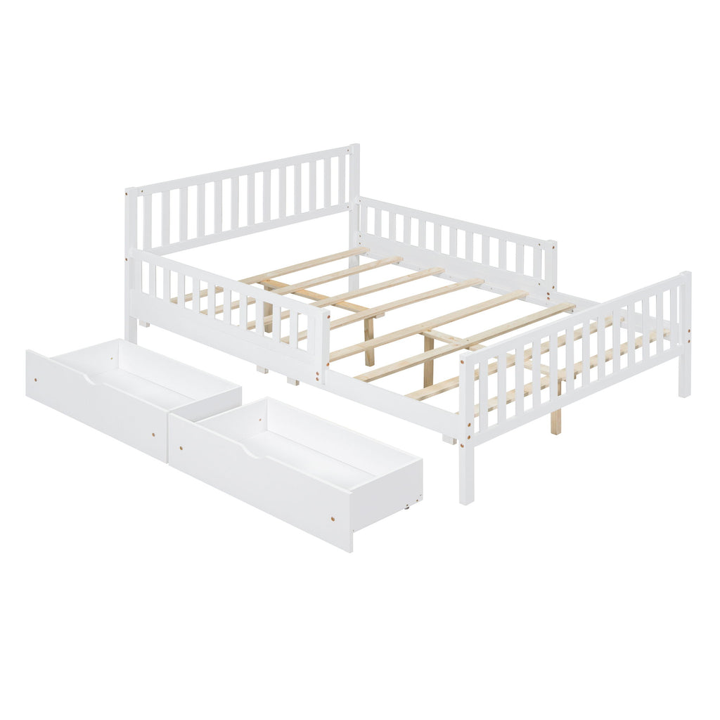 Platform Bed With Guardrails On Both Sides And 2 Storage Drawers