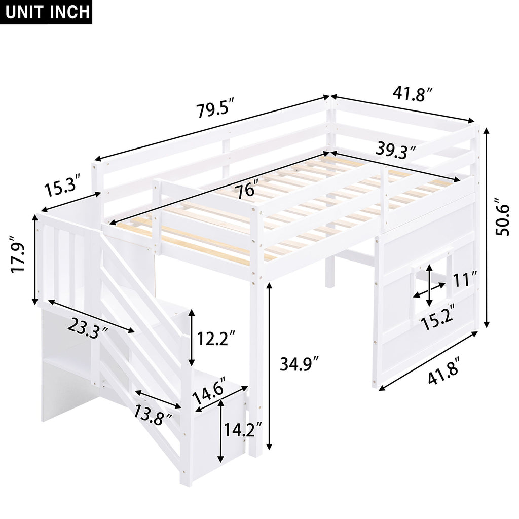 Loft Bed With Storage Staircase, Window & LED Light