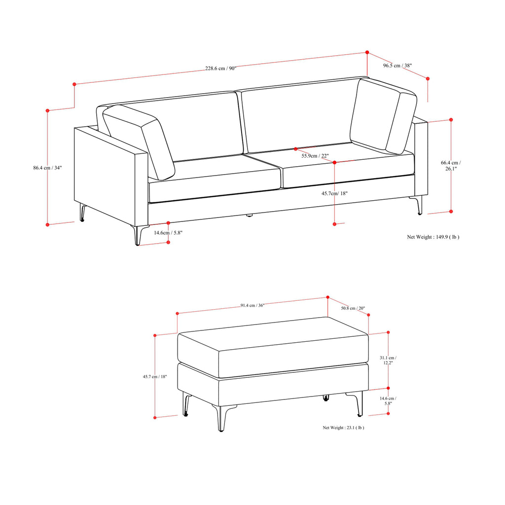 Ava - Mid Century Sofa With Ottoman Set