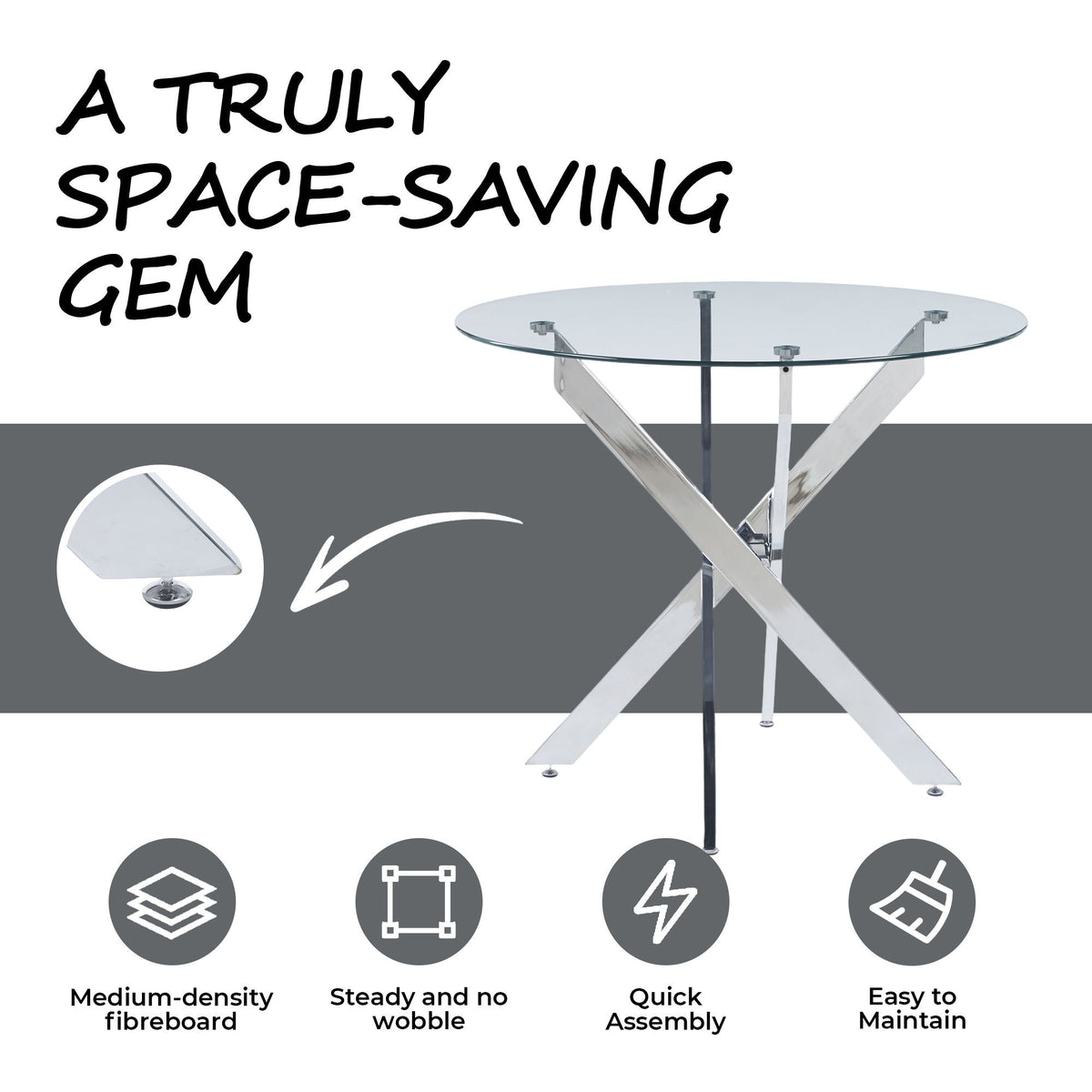 Dining Table With Cross Metal Leg And Tempered Glass, Modern Space Saving Kitchen Table For Living Room