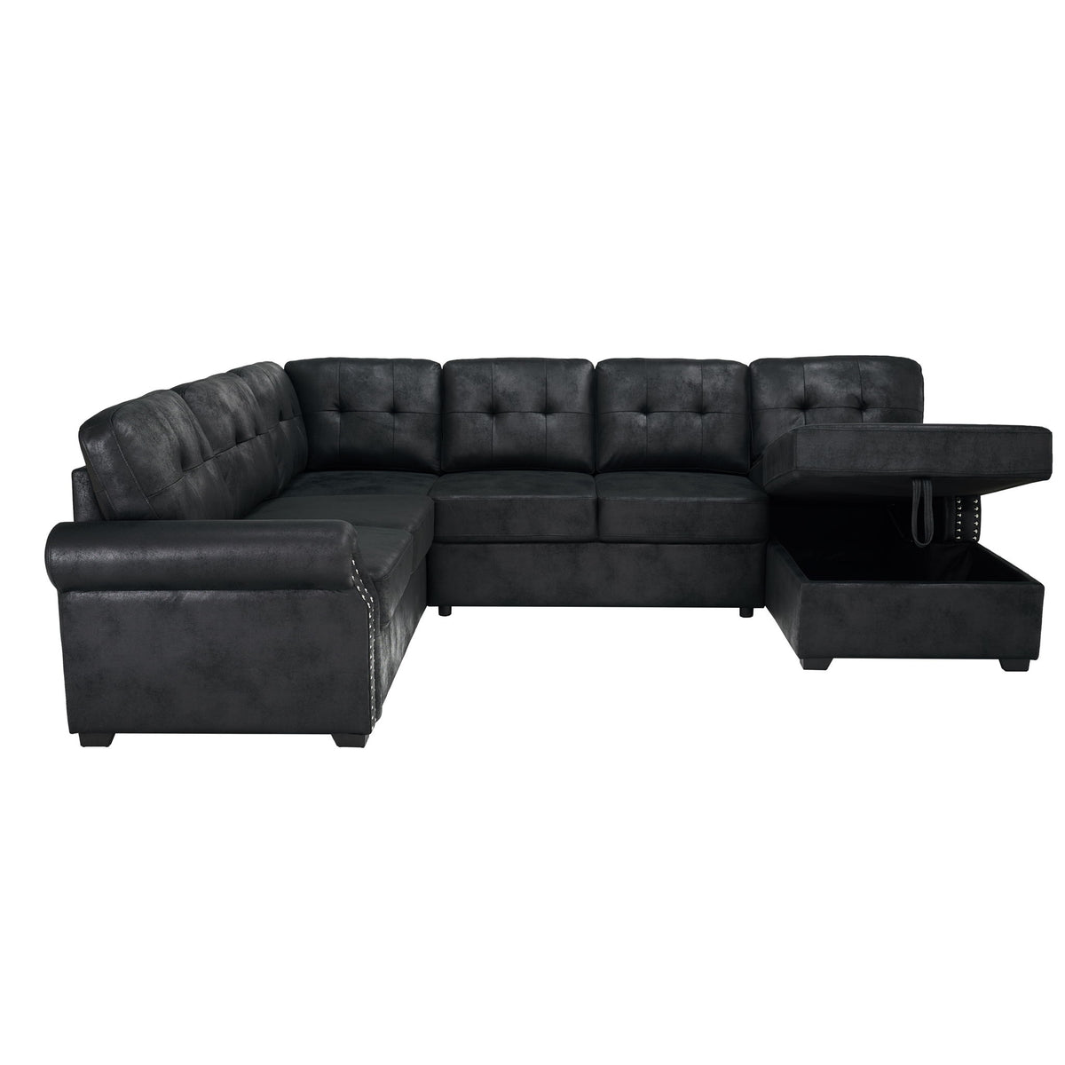 U Shape Sectional Sleeper Sofa With Pull Out Bed And Storage Chaise - Black