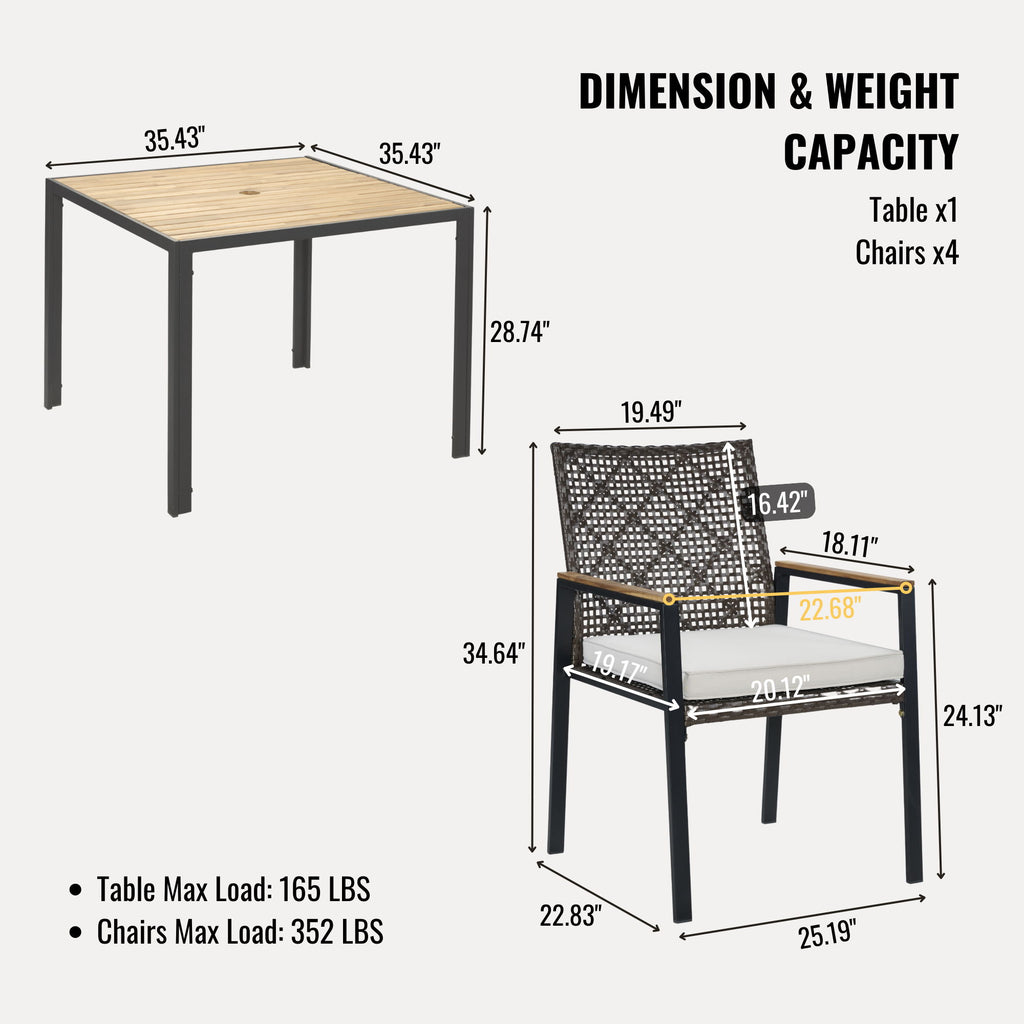 5 Piece Patio Dining Table Set, Acacia Wood Table Top With Umbrella Hole