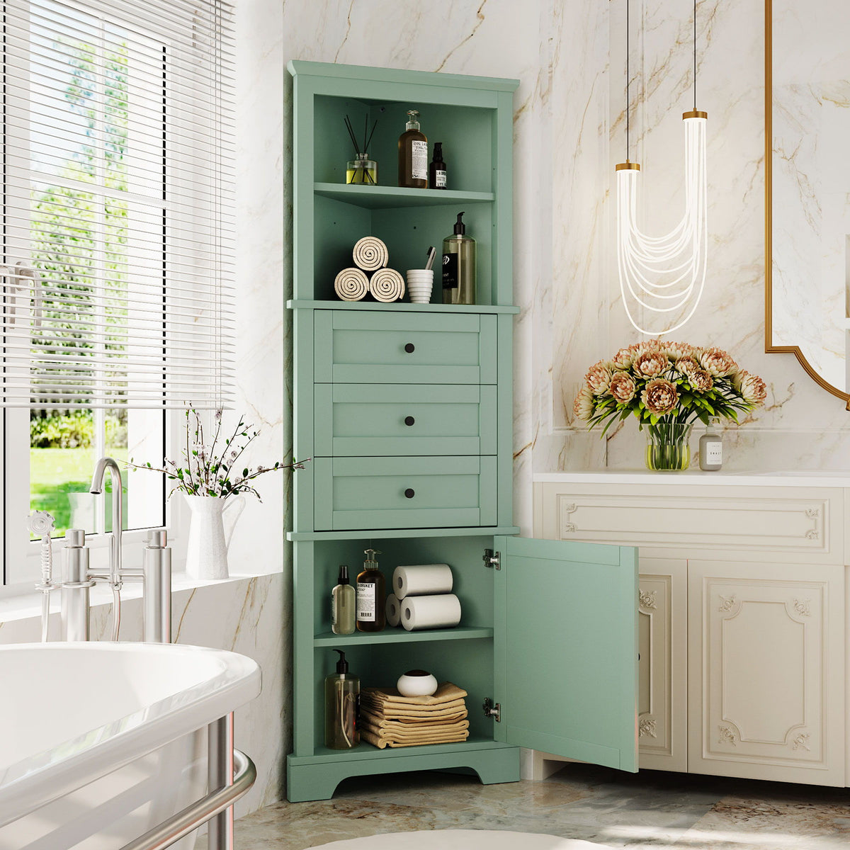 Tall Storage Cabinet With 3 Drawers And Adjustable Shelves For Bathroom