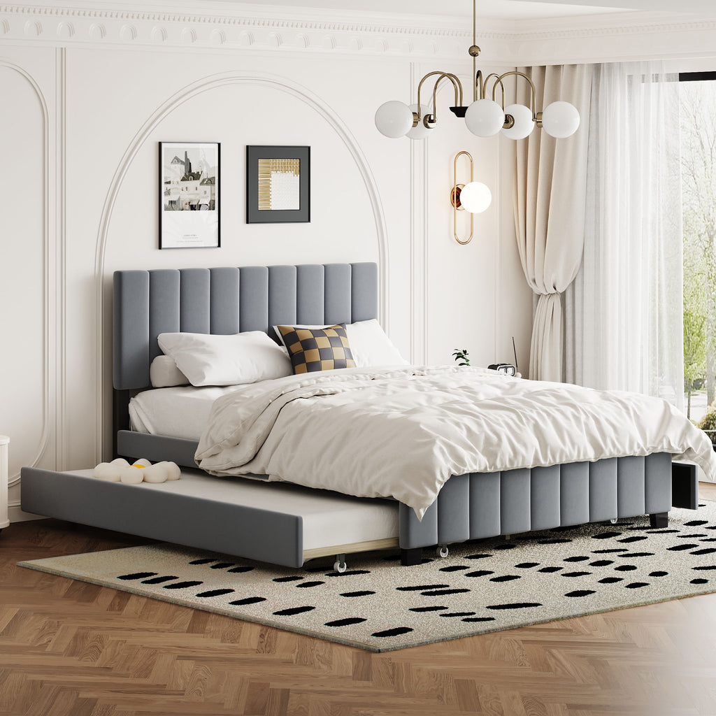 Platform UpholsteredBed With 2 Drawers And Twin Long Trundle