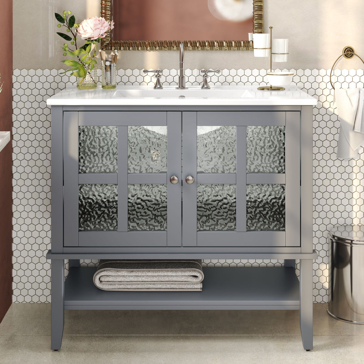 Bathroom Vanity With Ceramic Sink, Adjustable & Open Shelf