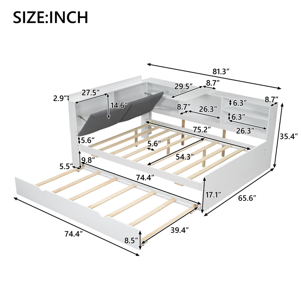 Platform Bed With Trundle, Shelves, And Storage Headboard
