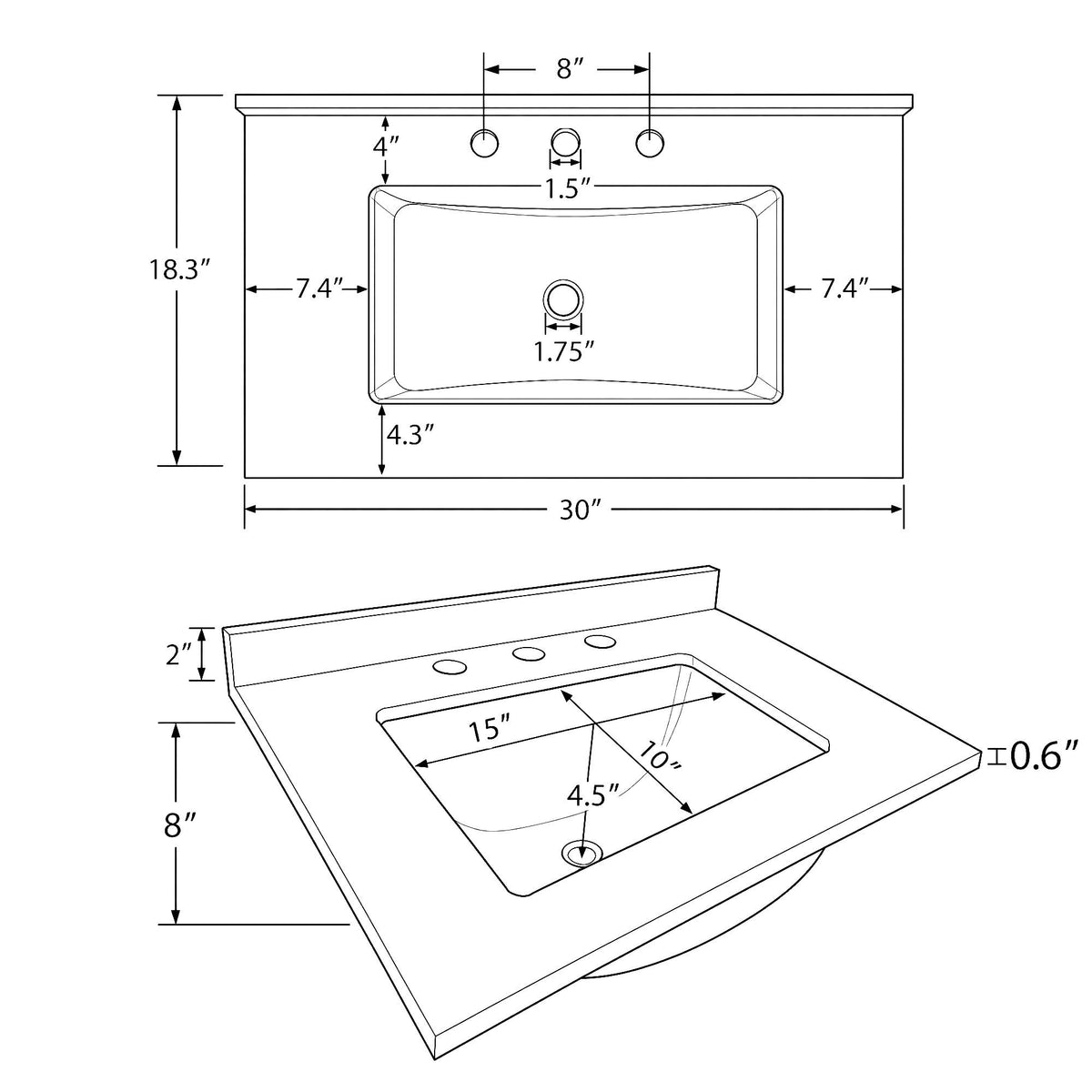 Basin Sink, Triple Faucet Holes, 2" Thick Rim, Sink Only