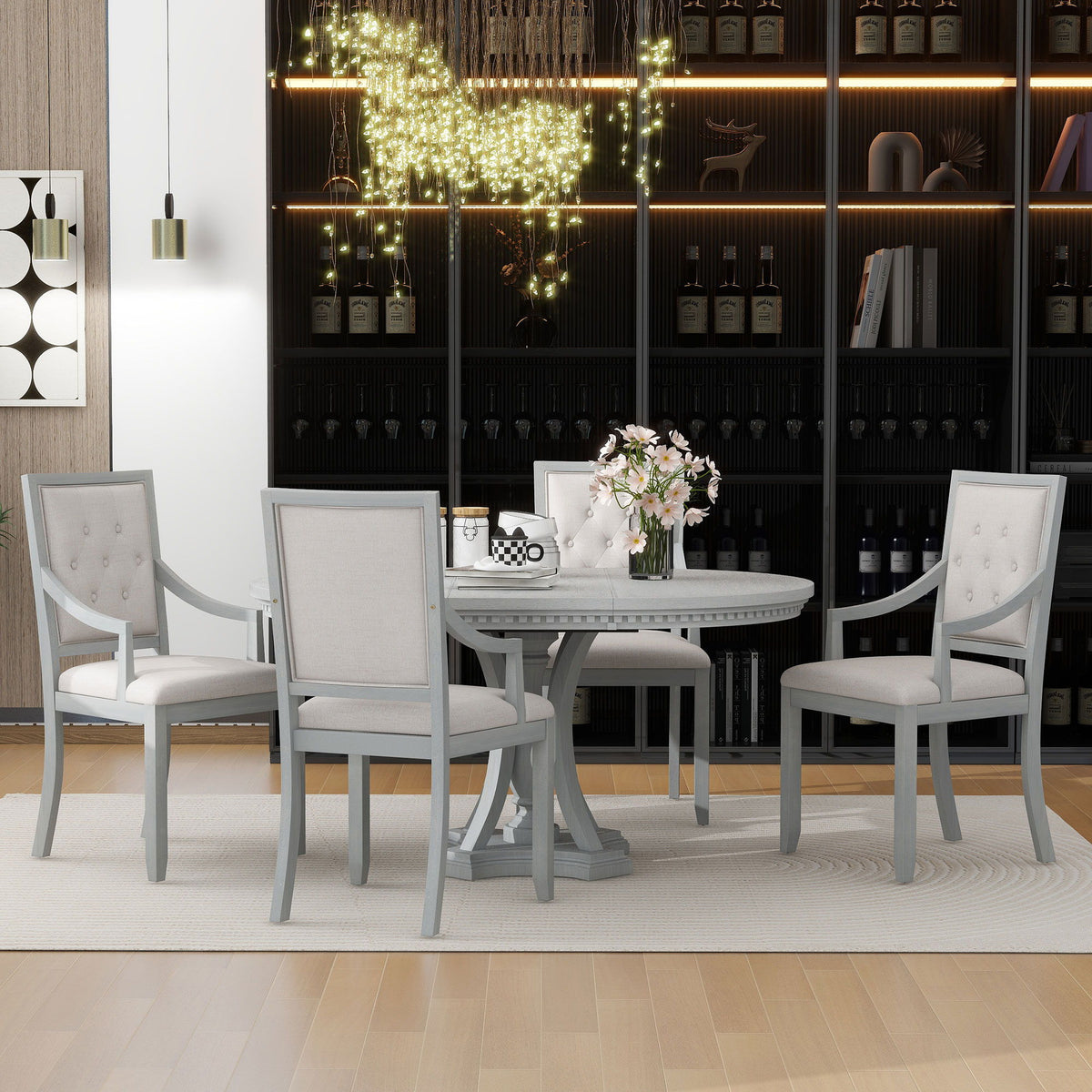 Trexm Retro 5-Piece Dining Set Extendable Round Table And 4 Chairs For Kitchen Dining Room (Antique Gray Oak)