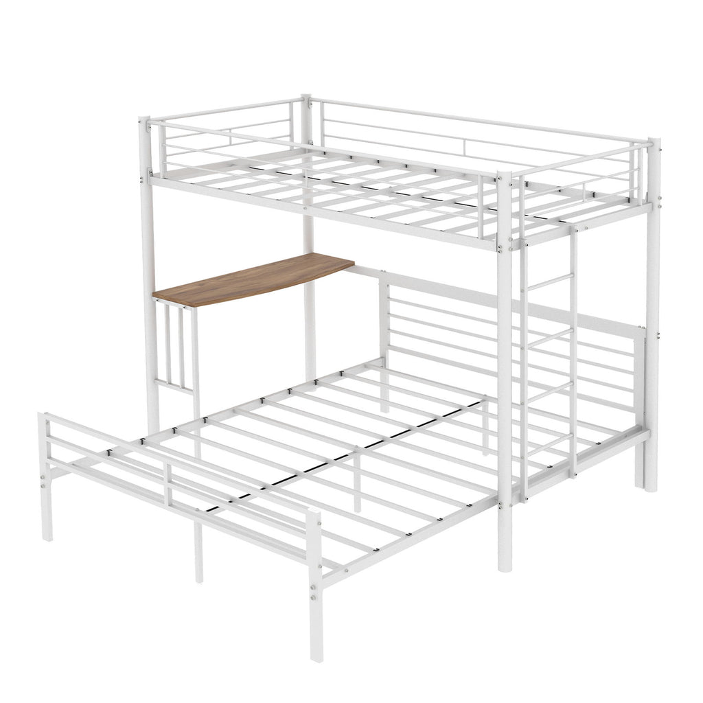 Twin Over Full Bunk Bed With Built In Desk & Guardrail Frame, No Box Spring Needed - White