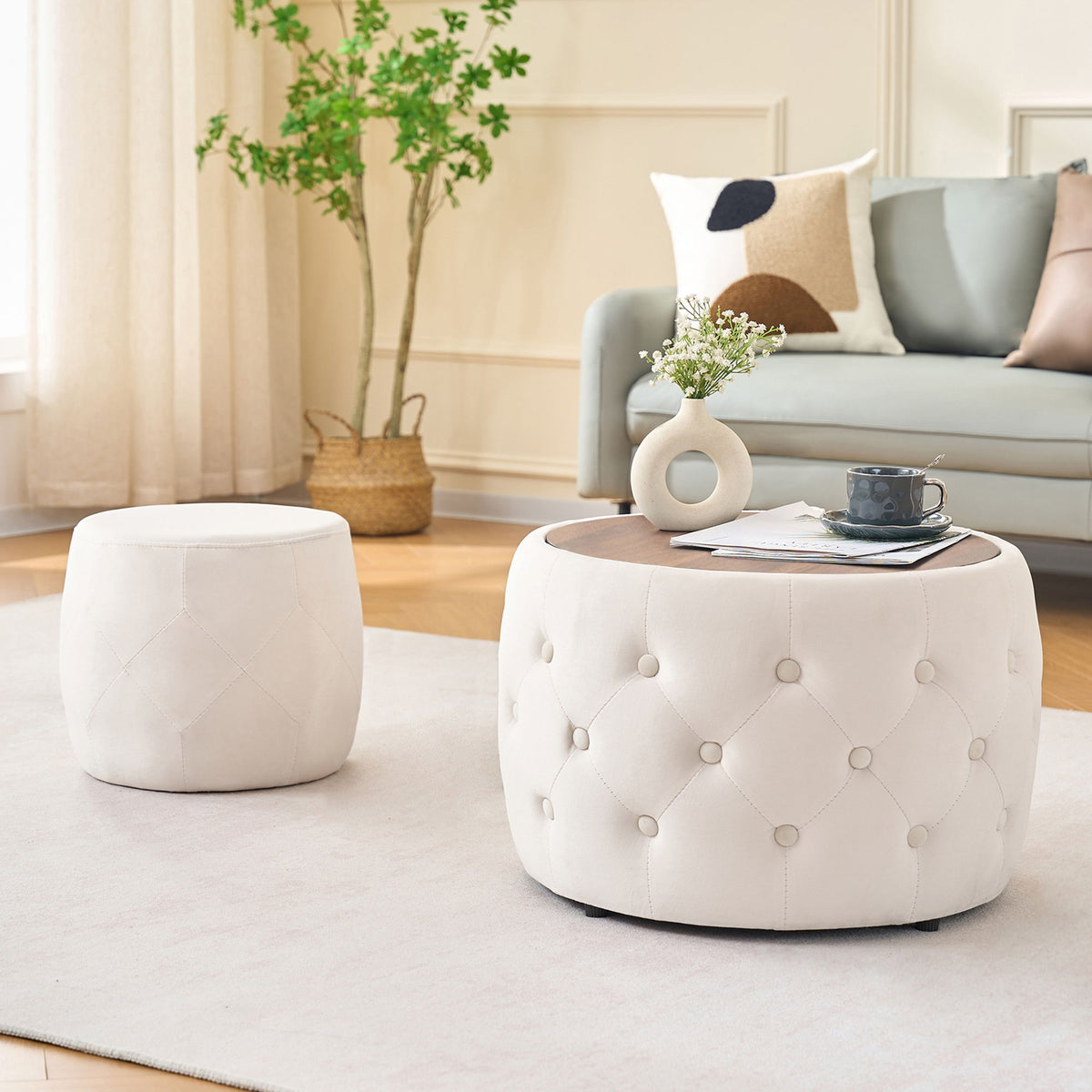 Nesting Ottomans 2 Piece With Tray, 4 In 1 Function