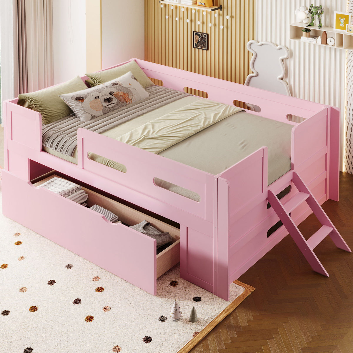 Platform Bed With Guardrail And Drawer