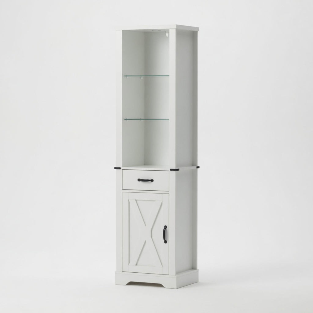 Pantry Cabinet With LED Lights And Barn Door With Tempered Glass Shelves - White
