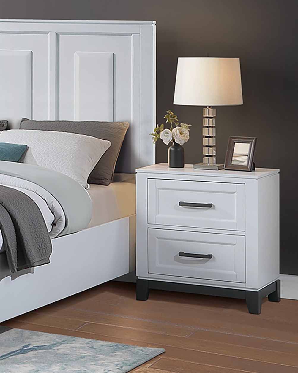 Bedside Table White And Gray 1 Piece Nightstand, 2-Drawers Storage Bedroom Furniture Transitional Style