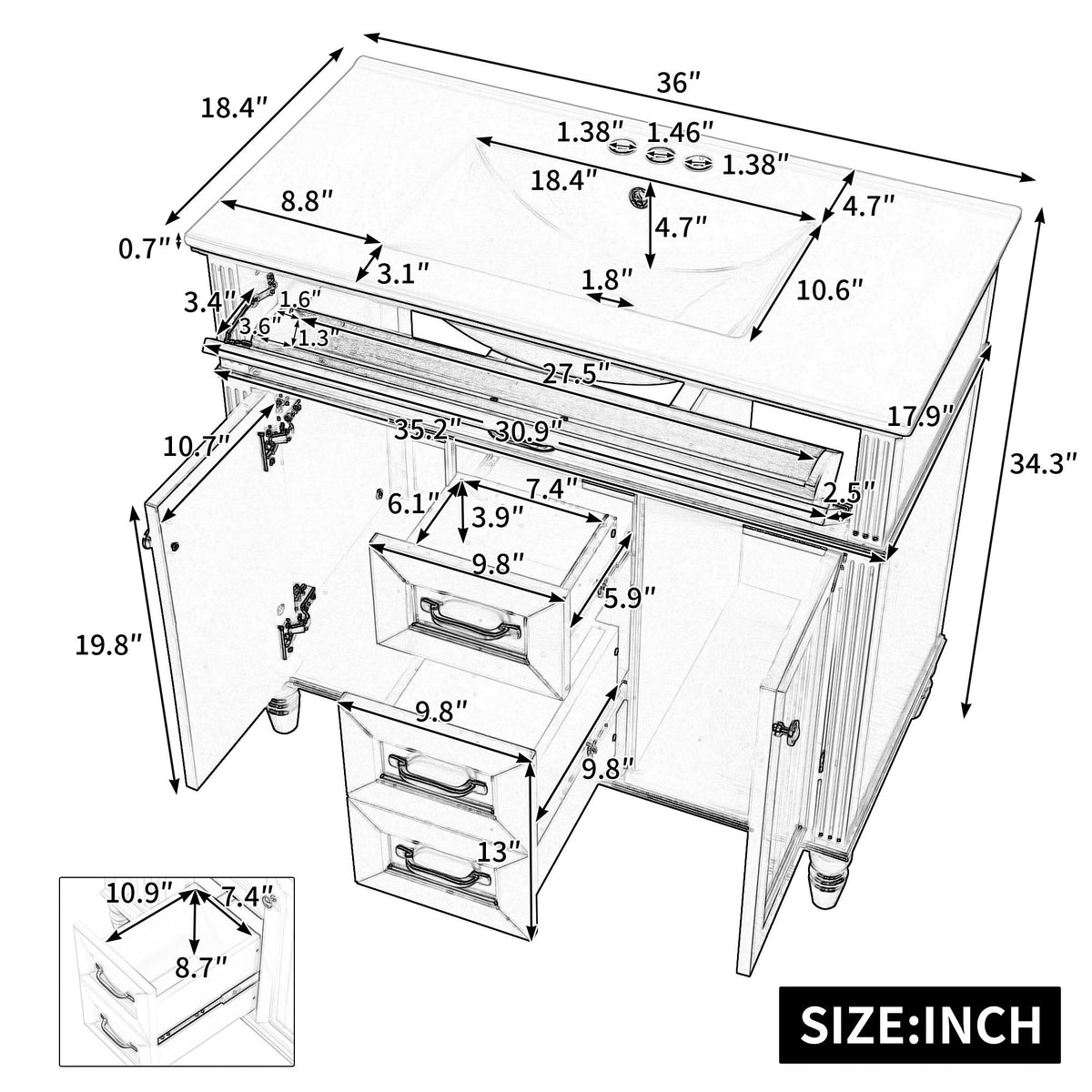Bathroom Vanity With Sink, Flip-Out Top Drawer, Soft Close Doors, 2 Storage Drawers