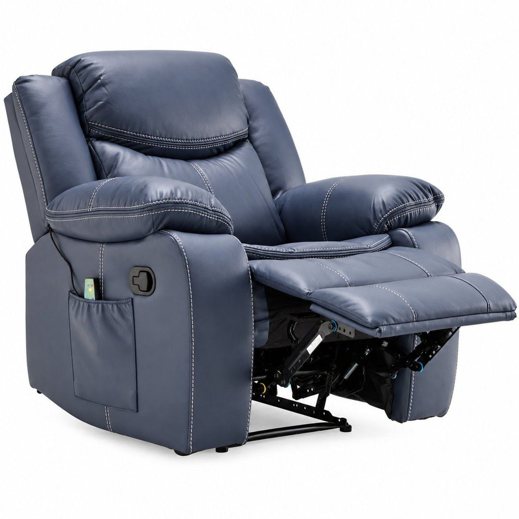 Manual Recliner Chair With Massage And Heat, Side Pocket, Wired Controller For Living Room - Blue